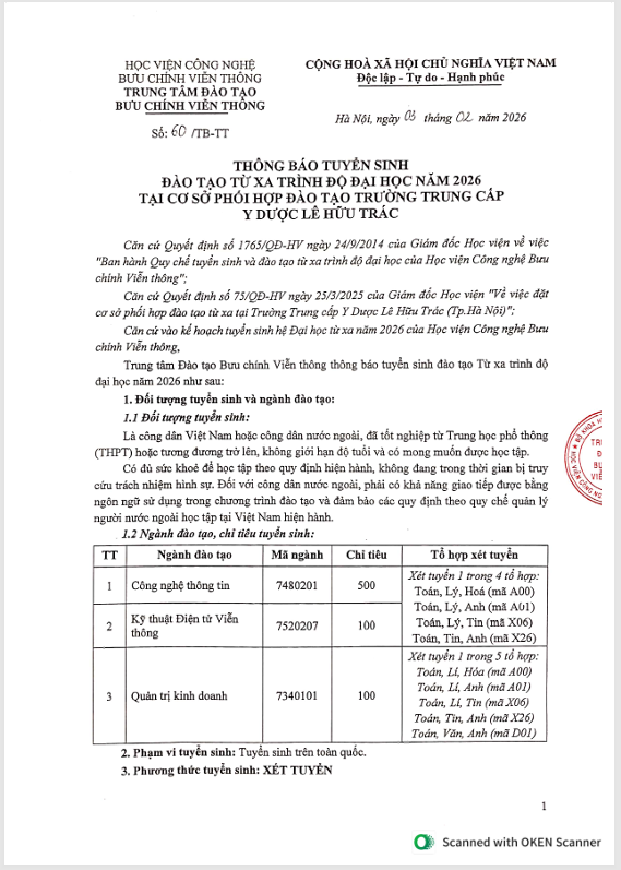 Thông báo tuyển sinh hệ từ xa PTIT 2026